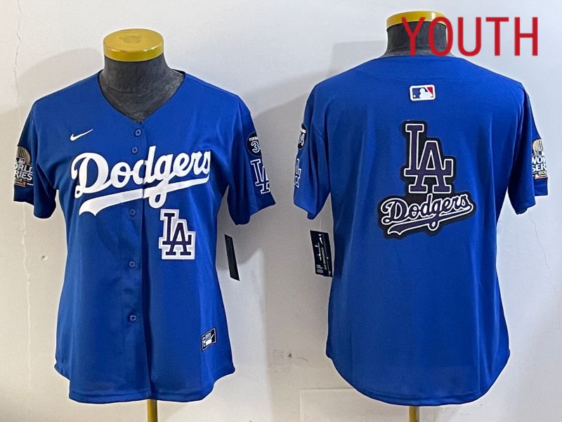 Youth  Los Angeles Dodgers blank 2024 World series patch blue jersey 202411201->youth mlb jersey->Youth Jersey